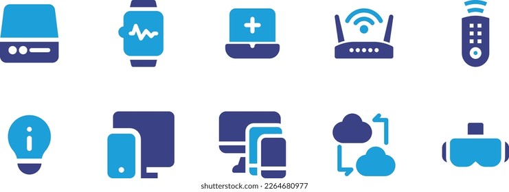Device icon set. Duotone color. Vector illustration. Containing harddisk, smartwatch, online assistance, modem, remote control, idea bulb, responsive, smart devices, device, virtual reality glasses.