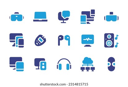 Device icon set. Duotone color. Vector illustration. Containing vr glasses, laptop, device, devices, virtual reality glasses, smart devices, thermometer, earphone, monitoring, speaker, responsive.