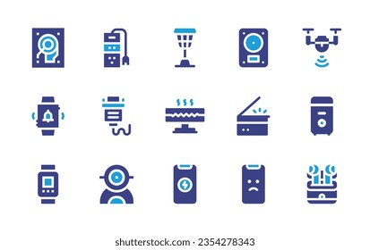 Device icon set. Duotone color. Vector illustration. Containing patio heater, hardware, drone, socket, hard disc, infrared lamp, scanner, charging, sad, cpu tower, earbuds, alarm, smartwatch.