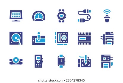 Conjunto de iconos del dispositivo. Color de duotona. Ilustración vectorial. Con adaptador, micrófono, panel solar, sintonizador de radio, reloj inteligente, unidad de control, fotocopiadora, tableta gráfica, reloj inteligente, giratorio, proyector.