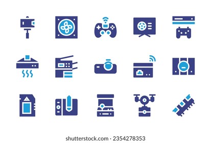 Device icon set. Duotone color. Vector illustration. Containing bridge, game console, sports, console, extractor, copy machine, gamepad, projector, selfie stick, fan, camera drone, ram, memory card.