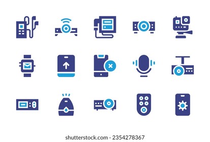 Device icon set. Duotone color. Vector illustration. Containing ultrasound, projector, action camera, mp player, smartphone, microphone, remote control, seo, smart watch, thermostat, top up.