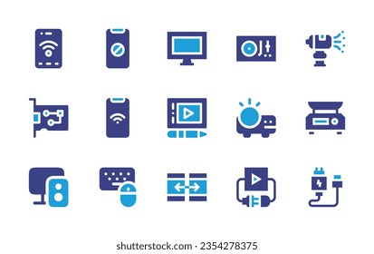 Conjunto de iconos del dispositivo. Color de duotona. Ilustración vectorial. Consta de smartphone, bloque, tarjeta de interfaz de red, conexión, giratorio, proyector, cañón de nieve, escala, computadora, tablet, dispositivos, teclado.