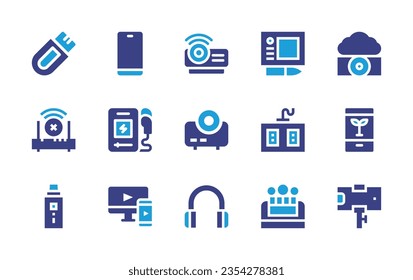 Device icon set. Duotone color. Vector illustration. Containing projector, mobile phone, music player, pen drive, connectivity, fog, smart farm, wacom, power strip, headphones, responsive, nicotine.