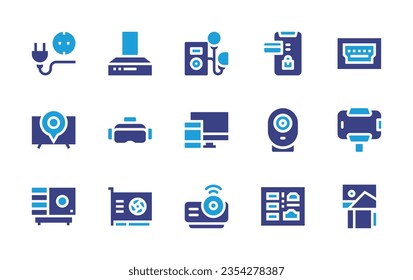 Conjunto de iconos del dispositivo. Color de duotona. Ilustración vectorial. Dispositivo de contención, dispositivos, enchufe, capó de cocina, vr gafas, tv inteligente, autofie stick, tarjeta de crédito, cámara de seguridad, puerto hdmi, dispositivo proyector.