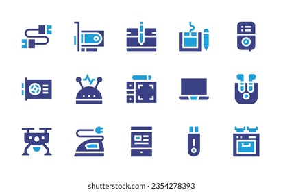 Device icon set. Duotone color. Vector illustration. Containing usb cable, graphics card, video card, electricity, graphic tablet, drawing tablet, laptop, music, airpods, iron, drone, stove, tablet.
