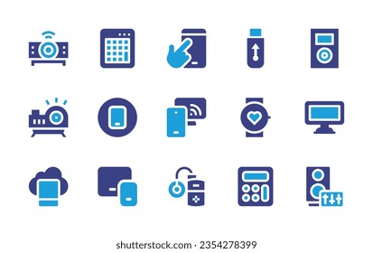 Device icon set. Duotone color. Vector illustration. Containing touch screen, projector device, numeric device, data storage, music player, smart tv, insulin, device, smartwatch, calculator, computer.