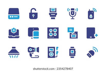 Conjunto de iconos del dispositivo. Color de duotona. Ilustración vectorial. Conteniendo disco duro, desbloqueo, laptop, dispositivos sensibles, control remoto, tablet, micrófono, horno, fob, cable de red, reproductor de música, conexión usb
