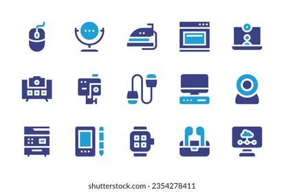 Device icon set. Duotone color. Vector illustration. Containing mouse, mirror, iron, oven, videocall, hdmi, smartwatch, camera, action camera, copy machine, tablet, computer, earphones, webcam, smart.