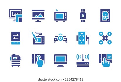 Device icon set. Duotone color. Vector illustration. Containing tv, hardware, connectivity, image, smartwatch, projector, computer, photocopier, touchpad, smartphone, router, drone, approval, settings