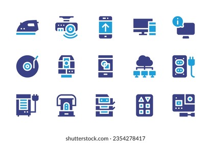 Device icon set. Duotone color. Vector illustration. Containing responsive, smart tv, devices, socket, iron, projector, vinyl, total station, up, smartphone, air conditioner, kerosene, copy machine.