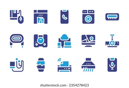 Device icon set. Duotone color. Vector illustration. Containing call, washing machine, hdmi port, ebook, save, wifi, responsive, smartphone, cable, game console, gps, projector, extractor hood.