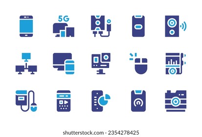 Device icon set. Duotone color. Vector illustration. Containing mobile phone, device, module, responsive, loading, computer mouse, speaker, mp, water heater, action camera, pie chart, smartphone.
