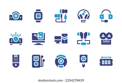 Device icon set. Duotone color. Vector illustration. Containing projector, smartwatch, smartphone, earphones, headphone, desktop computer, headset, voice recorder, plug, ram memory, vacuum cleaner.