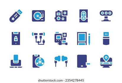 Device icon set. Duotone color. Vector illustration. Containing usb, turntable, locked, earphones, music speaker, graphic tablet, motion sensor, flash drive, action camera, compatibility.