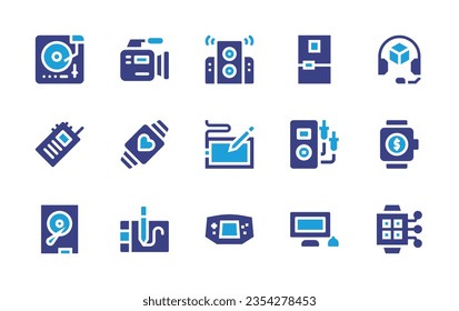 Device icon set. Duotone color. Vector illustration. Containing speakers, fridge, digital drawing, voltmeter, headphone, smartwatch, turntable, walkie talkie, video camera, game console.