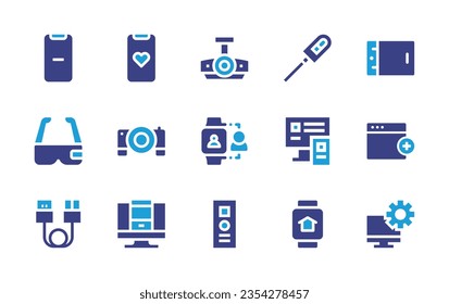 Device icon set. Duotone color. Vector illustration. Containing vascular closure device, multiple, tablet, add, minus, love, vr glasses, projector, smartwatch, computer, hdmi, responsive.