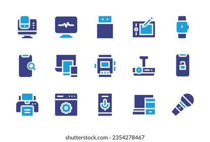 Device icon set. Duotone color. Vector illustration. Containing devices, monitoring, search, open, tablet, projector, smartwatch, flash disk, watch, printer, configuration, voice, responsive, host.