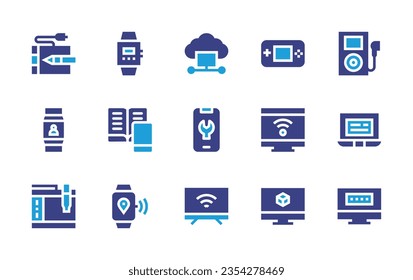 Symbol für Gerät eingestellt. Duotonfarbe. Vektorgrafik. Cloud-Computing, Spielkonsole, Spieler, Tablette, Stift, intelligente Uhr, intelligenter Fernseher, Laptop, Computer, Kennwort, Buch, Grafiktablette, Einstellungen