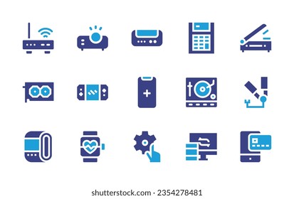 Device icon set. Duotone color. Vector illustration. Containing audio, router, projector, calculator, scanner, add, device, graphic card, game console, smartwatch, turntable, syncing.