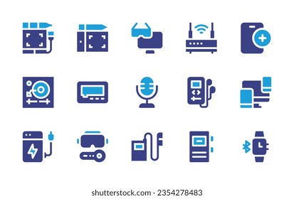 Device icon set. Duotone color. Vector illustration. Containing add, devices, router, mp, smart tv, microphone, tablet, vinyl, graphic tablet, pager, voice recorder, smartwatch, power bank.