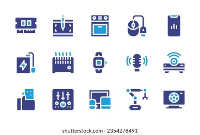 Conjunto de iconos del dispositivo. Color de duotona. Ilustración vectorial. Consta de memoria RAM, tableta gráfica, banco de potencia, vector, ratón, micrófono, análisis, proyector, horno, reloj inteligente, monitor, grabador.