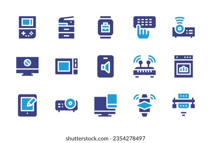 Device icon set. Duotone color. Vector illustration. Containing keyboard, projector, router, oven, game console, photocopier, computer, microwave, smartwatch, volume, device, tablet, vga cable.