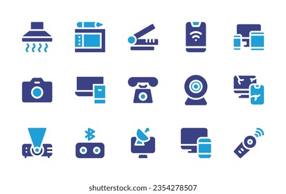 Device icon set. Duotone color. Vector illustration. Containing smartphone, responsive, hood, graphic tablet, scanner, webcam, electronics, camera remote control, camera, laptop, projector, speaker.