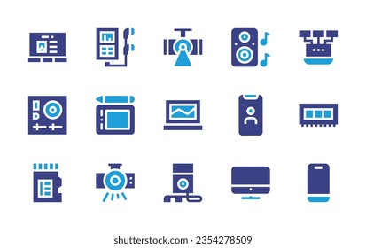 Device icon set. Duotone color. Vector illustration. Containing speaker, local network, ram, laptop, music player, dj, wacom, projector, computer, smartphone, sd card, mp player. 
