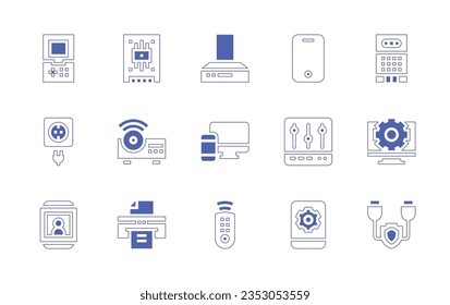 Device icon set. Duotone style line stroke and bold. Vector illustration. Containing game console, ssd, kitchen hood, smartphone, voice recorder, plug, projector, devices, system, settings, smartwatch