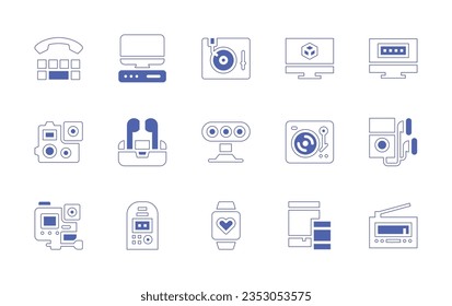 Device icon set. Duotone style line stroke and bold. Vector illustration. Containing teleprinter, computer, dj mixer, password, action camera, earphones, motion sensor, turntable, mp, dosimeter.