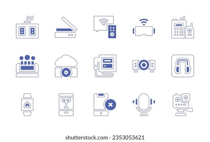 Device icon set. Duotone style line stroke and bold. Vector illustration. Containing power strip, scanner, smart tv, vr glasses, walkie talkies, bubble, fog, ultrasound, projector, headphones.