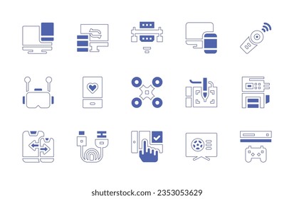 Device icon set. Duotone style line stroke and bold. Vector illustration. Containing device, syncing, vga cable, responsive, camera remote control, fpv, fitness app, drone, graphic tablet, photocopier