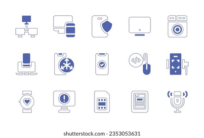 Device icon set. Duotone style line stroke and bold. Vector illustration. Containing module, responsive, security, monitor, washing machine, compatibility, accelerometer sensor, done, device.