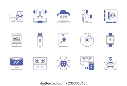 Conjunto de iconos del dispositivo. Curso de línea de estilo duotónico y negrita. Ilustración vectorial. Contienen computadora de escritorio, auriculares, nube, tarjeta gráfica, tablet, usb, search, disk, smartwatch, pantalla curva, estufa.