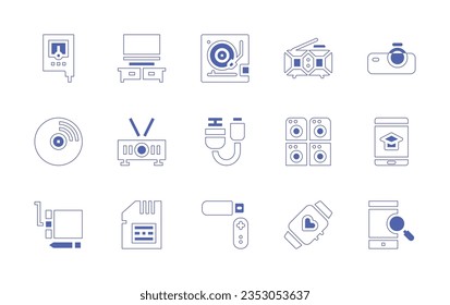 Device icon set. Duotone style line stroke and bold. Vector illustration. Containing nitrate tester, tv, turntable, digital clock, projector, vinyl, usb cable, washer machine, ipad, tablet, sim card.