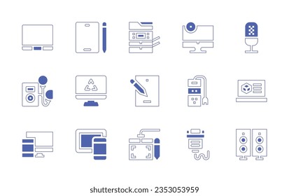 Device icon set. Duotone style line stroke and bold. Vector illustration. Containing laptop, tablet, photocopier, monitor, microphone, device, recycle, graphic tablet, socket, project, devices, pen.
