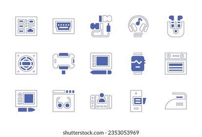 Device icon set. Duotone style line stroke and bold. Vector illustration. Containing card reader, hdmi port, earphones, headphone, airpods, extractor, selfie stick, pen, smartwatch, oven, wacom.