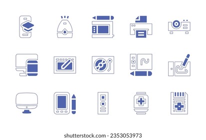 Device icon set. Duotone style line stroke and bold. Vector illustration. Containing online learning, air purifier, graphic tablet, printing, projector, responsive, turntable, tablet, computer.