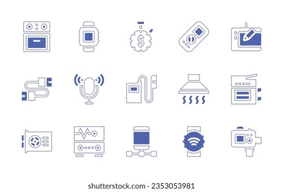 Device icon set. Duotone style line stroke and bold. Vector illustration. Containing oven, smartwatch, counterclockwise, multimeter, pen, usb cable, microphone, music player, kitchen hood, copy.