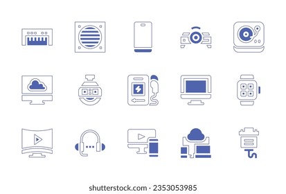 Device icon set. Duotone style line stroke and bold. Vector illustration. Containing keyboard, extractor, mobile phone, projector, turntable, cloud, stopclock, music player, computer, smartwatch.