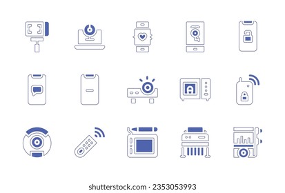 Device icon set. Duotone style line stroke and bold. Vector illustration. Containing selfie stick, webcam, smartwatch, cctv, open, comment, minus, projector, microwave, remote control, vacuum cleaner.