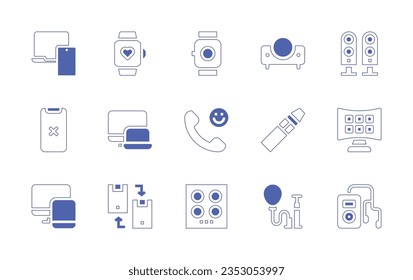 Device icon set. Duotone style line stroke and bold. Vector illustration. Containing electronic devices, smartwatch, projector, speakers, error, responsive, calling, electronic cigarette, smart tv.