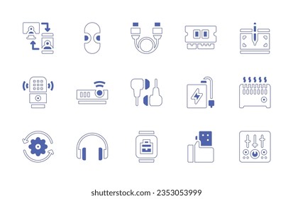Conjunto de iconos del dispositivo. Curso de línea de estilo duotónico y negrita. Ilustración vectorial. Con conexión, ratón, cable, memoria de arista, tableta gráfica, asistente de voz, proyector, auriculares, banco de energía, vector.