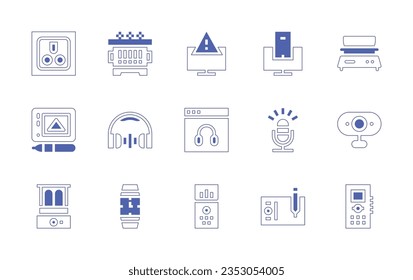 Conjunto de iconos del dispositivo. Curso de línea de estilo duotónico y negrita. Ilustración vectorial. Consta de enchufe, transformador, advertencia, conexión, peso, tableta gráfica, auriculares, micrófono, webcam, vapor de comida.