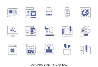 Device icon set. Duotone style line stroke and bold. Vector illustration. Containing microwave, tablet, arcade game, smartwatch, fan, monitor, screens, video card, graphic tablet, copy machine.