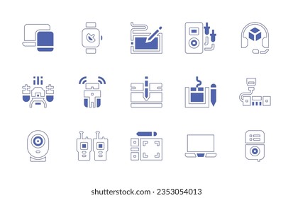 Device icon set. Duotone style line stroke and bold. Vector illustration. Containing responsive, smart watch, digital drawing, voltmeter, headphone, drone, tracker, graphic tablet, transceiver.