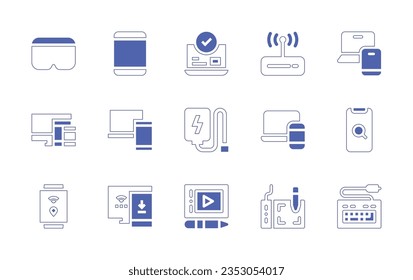 Conjunto de iconos del dispositivo. Curso de línea de estilo duotónico y negrita. Ilustración vectorial. Conteniendo equipo, reserva en línea, enrutador inalámbrico, tecnología, respuesta, portátil, banco de energía, búsqueda, reloj inteligente, tablet.