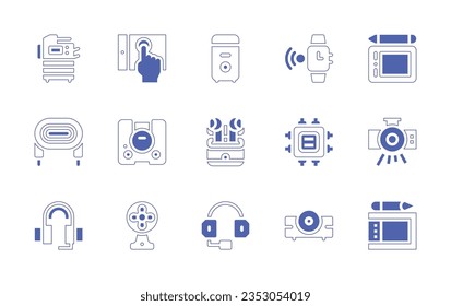 Conjunto de iconos del dispositivo. Curso de línea de estilo duotónico y negrita. Ilustración vectorial. Con fotocopiadora, touchpad, torre de cpu, reloj inteligente, wacom, cable, consola de juegos, audífonos, cpu, proyector, auriculares, ventilador.