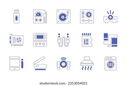Conjunto de iconos del dispositivo. Curso de línea de estilo duotónico y negrita. Ilustración vectorial. Conteniendo el pen drive, tester, vinil record, dj, proyector, tarjeta gráfica, consola de juegos, jack, sd card, red social, pen tab